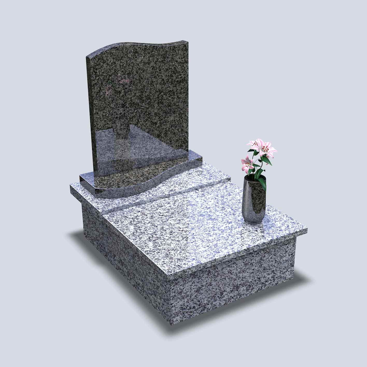 Urnový hrob zo žuly v tmavobledom vyhotovení a s kamennou vázou v ktorej sú kvety
