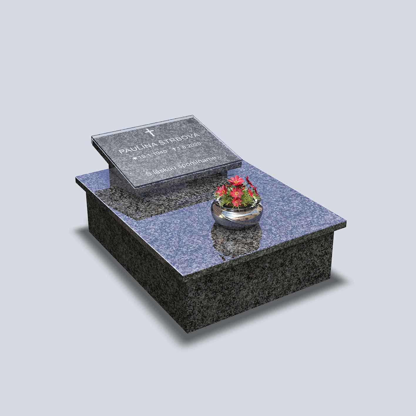 Urnový pomník s epitafnou doskou na ktorej je nápis, s ochranným sklom a chrómovanou misou s kvetmi