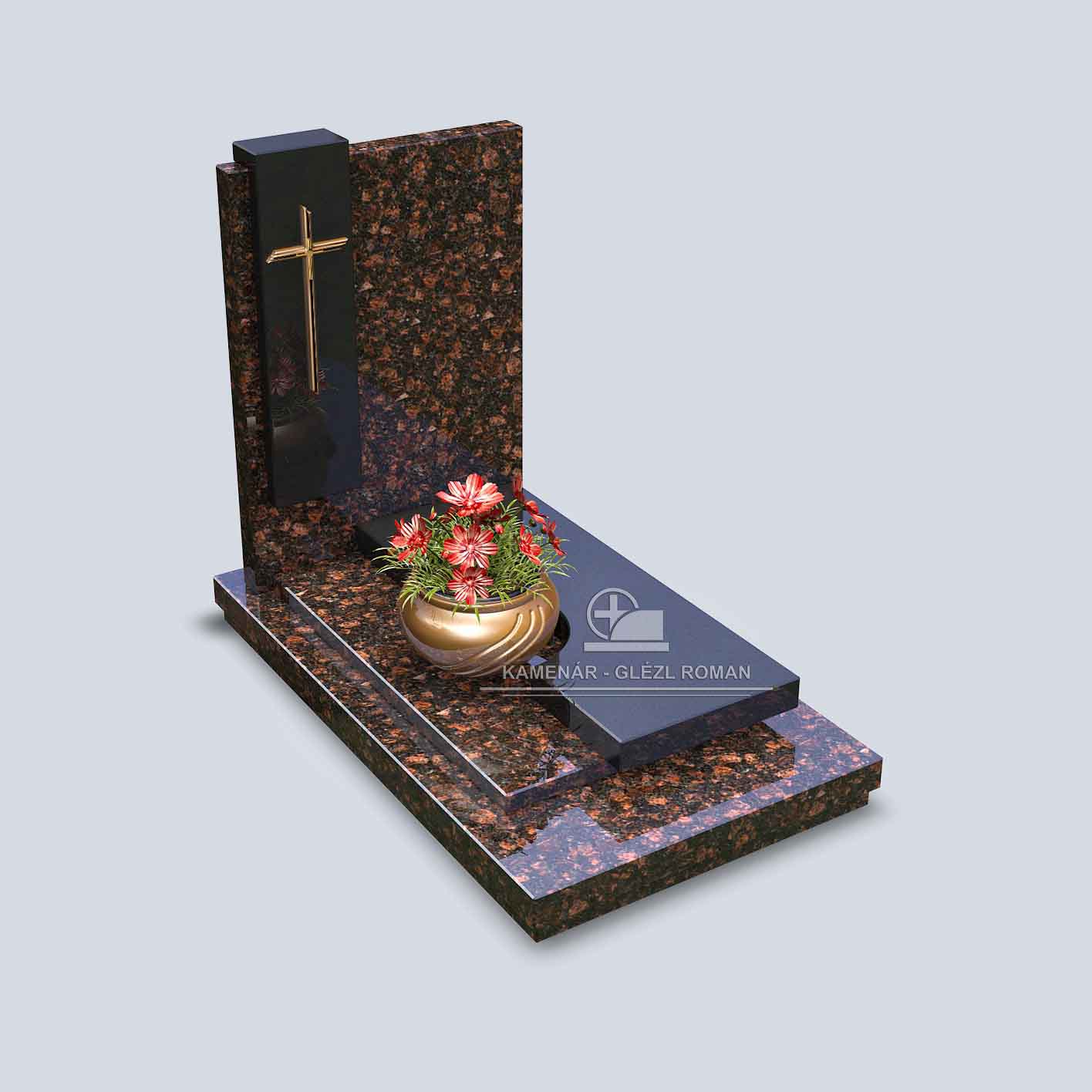 Hnedočierny žulový urnový hrob s bronzovým montovaným krkížom a misou s kvetmi