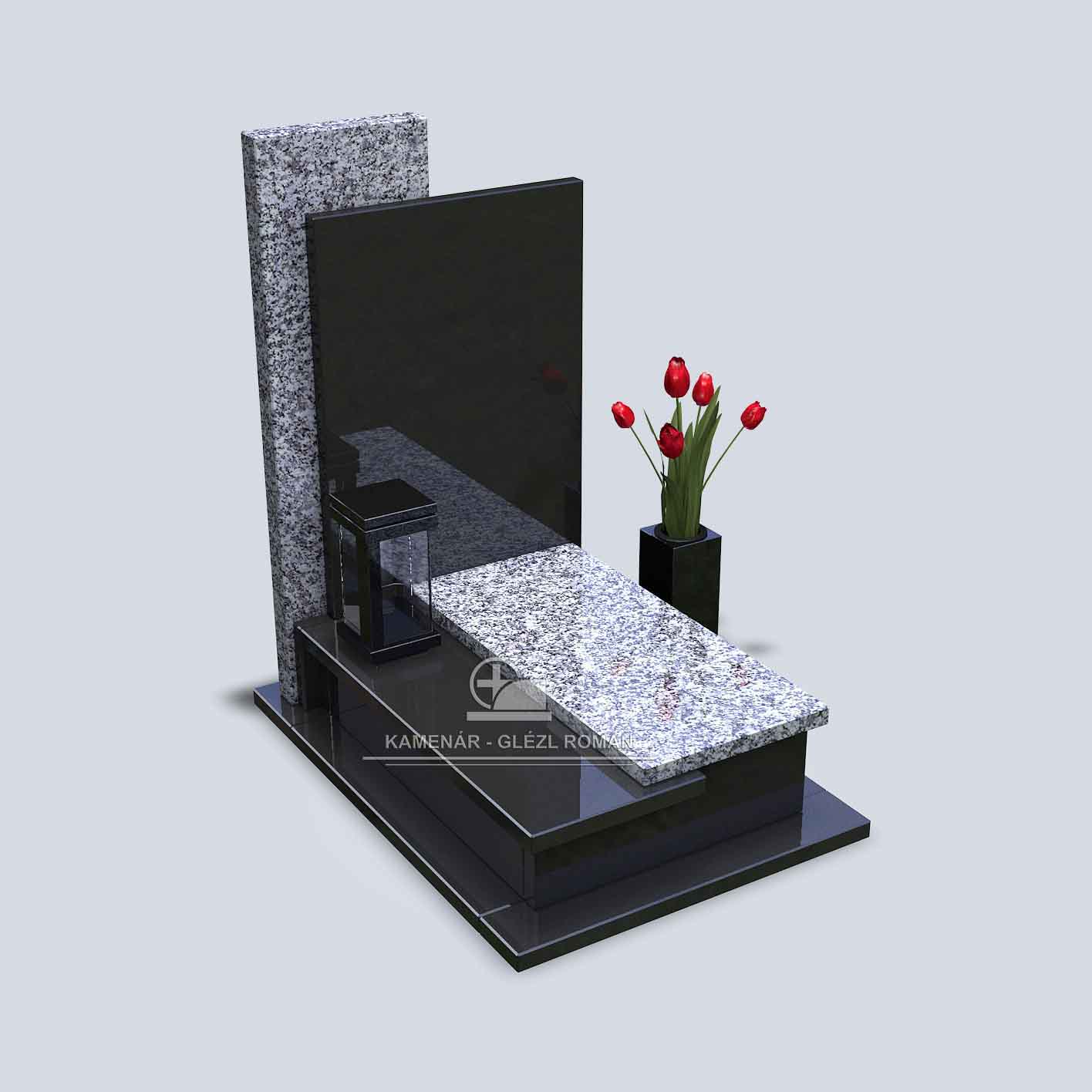 Urnový pomník zo žuly v tmavej a bledej farbe s kamenným svietnikom a vázou s tulipánmi