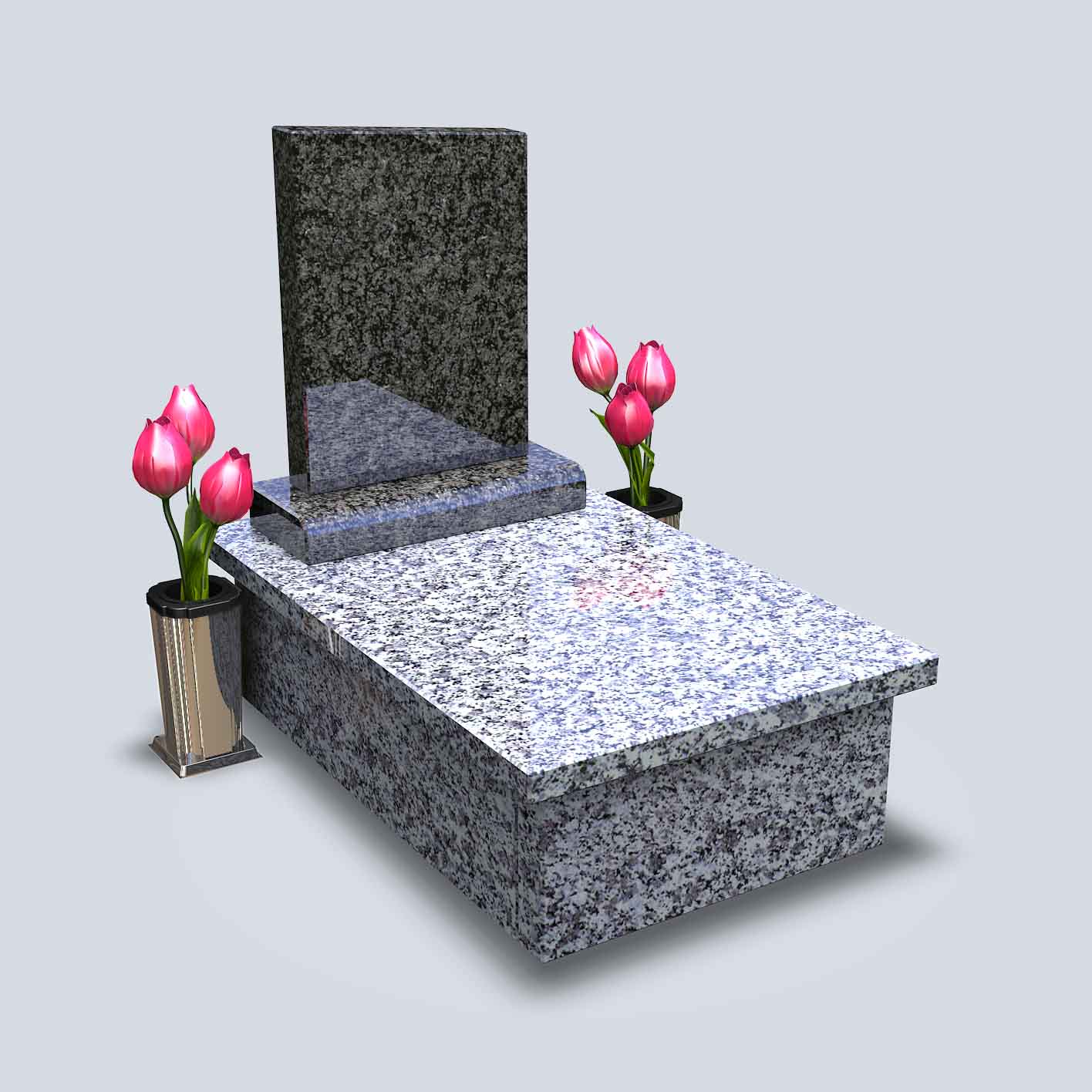 Urnový hrob z bledej žuly so sivočiernym pomníkom, vázou a ružovými tulipánmi