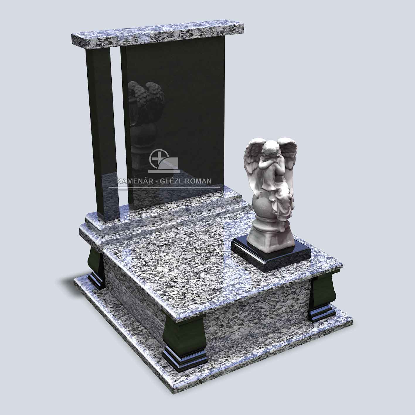 Urnový pomník zo žuly v bledočiernom vyhotovení so sochou anjela na podstavci