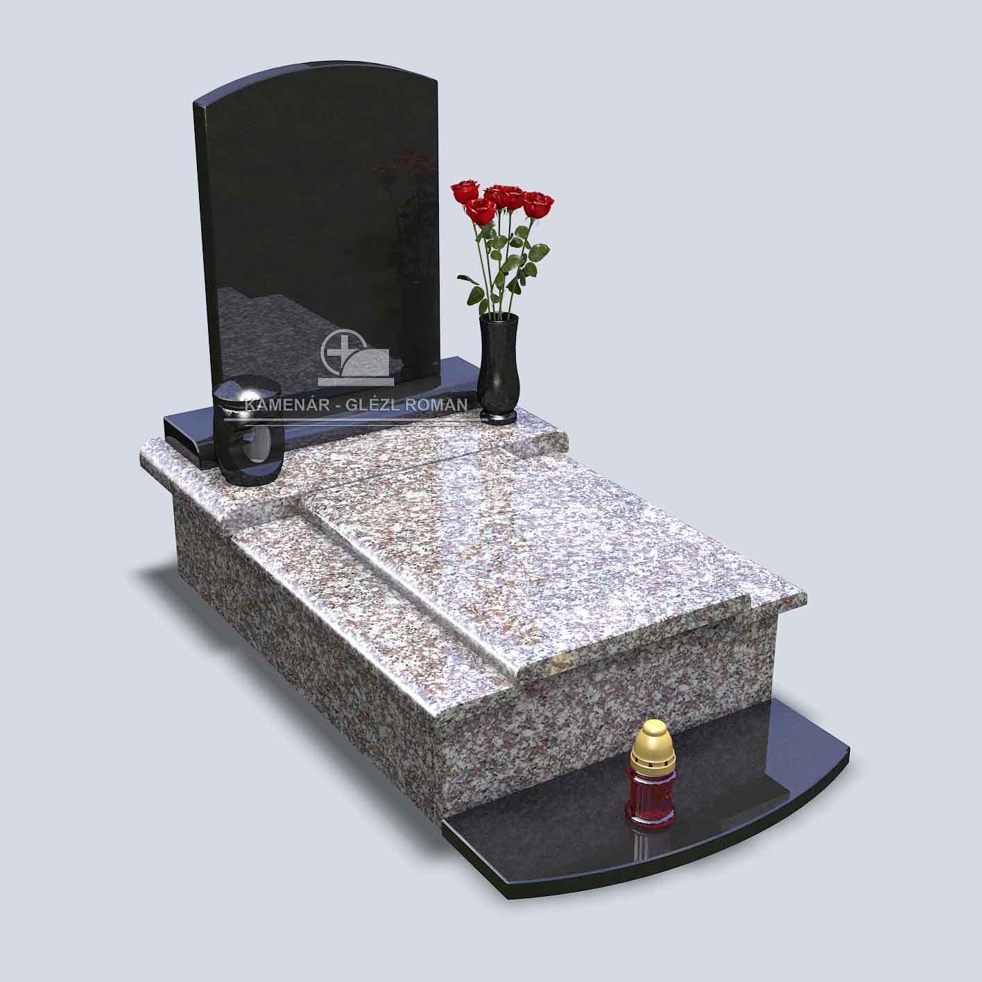 Urnový hrob s čiernou nápisnou tabuľou, s bledými zaoblenými krycími doskami, so svietnikom a vázou s ružami
