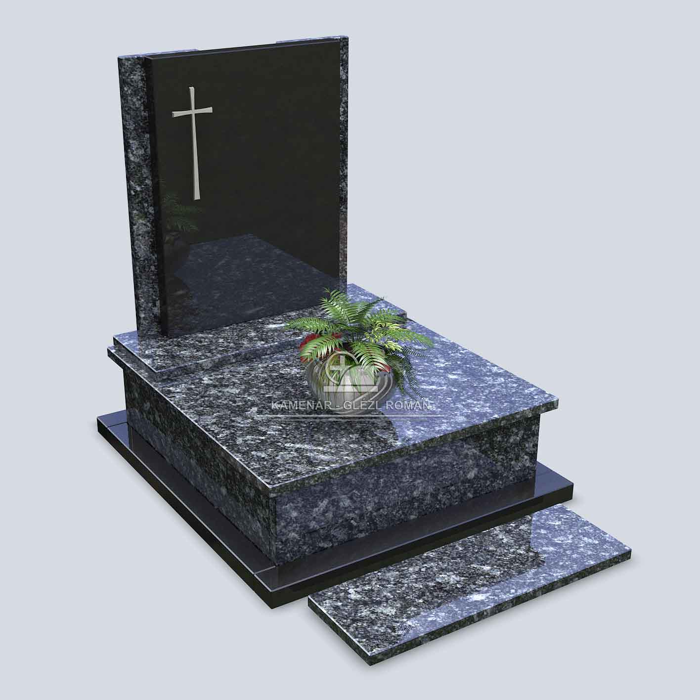 Urnový pomník zo žuly v sivočiernom prevedení s montovaným krížom zo striebra a s misou s kvetmi