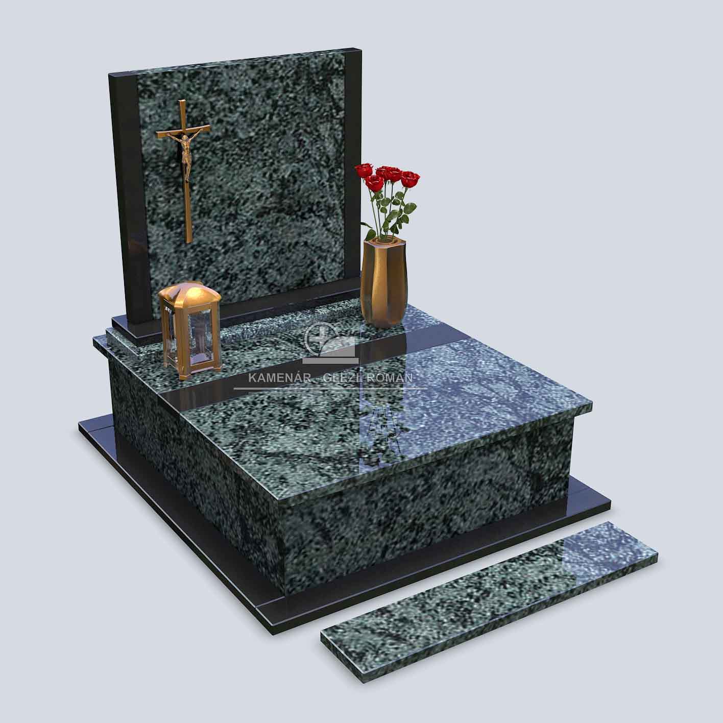 Urnový pomník z čiernozelenej žuly s bronzovým krížom, svietnikom a vázou s kvetmi