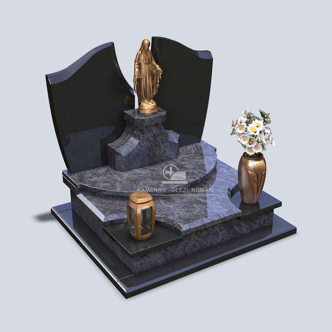 Urnový pomník z tmavomodrej žuly a z čiernej nápisnej tabule s bronzovou sochou, svietnikom a vázou s kvetmi
