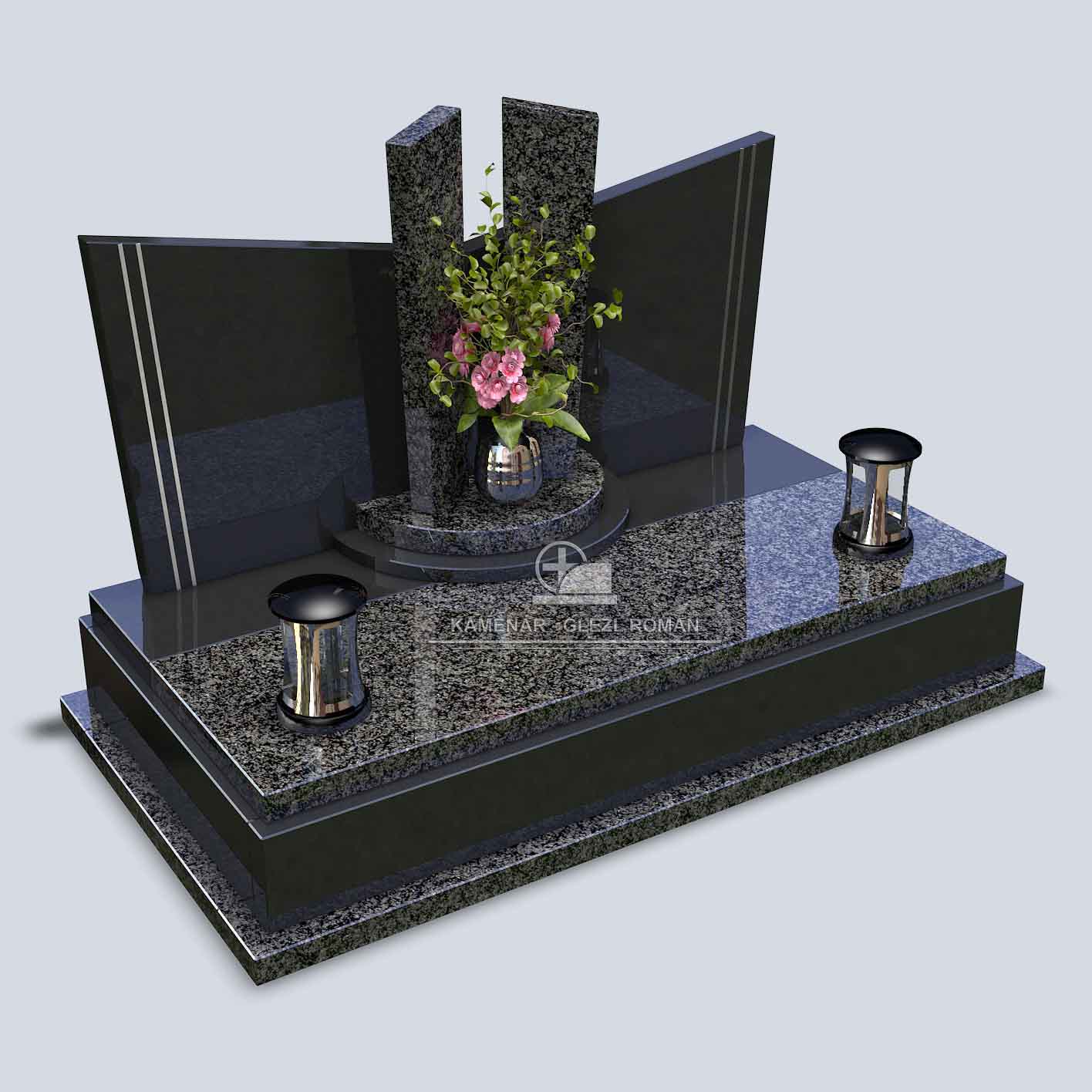 Urnový hrob na šírku zo žuly v tmavočiernom prevedení s dvoma svietnikmi a vázou s kvetom
