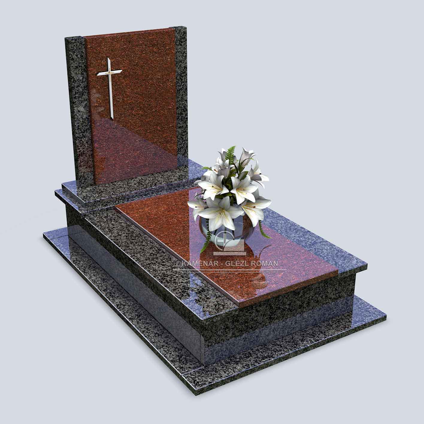 Urnový pomník zo žuly v sivočervenom vyhotovení, s bielym krížom a s misou zo skla v ktorej sú kvety
