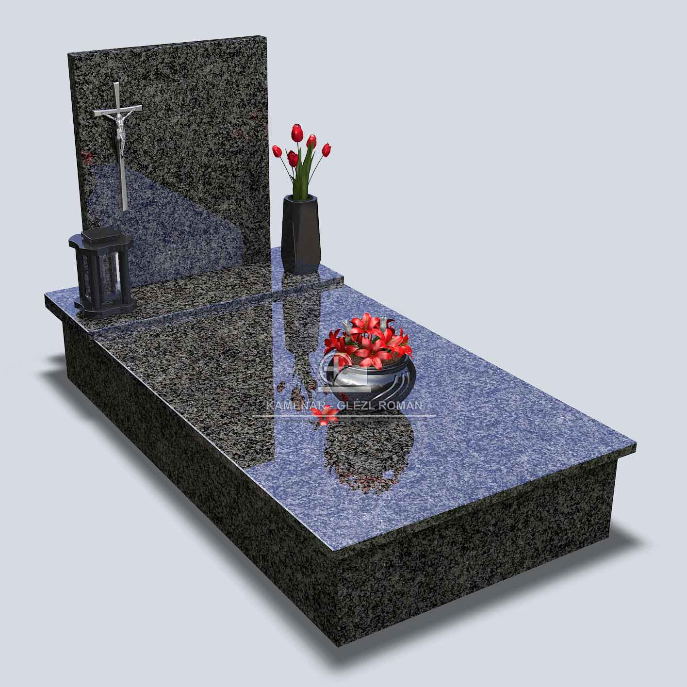 Urnový hrob z tmavej žuly so strieborným montovaným krížom na nápisnej tabuli a žulovými doplnkami váza, svietnik, misa s kvetmi