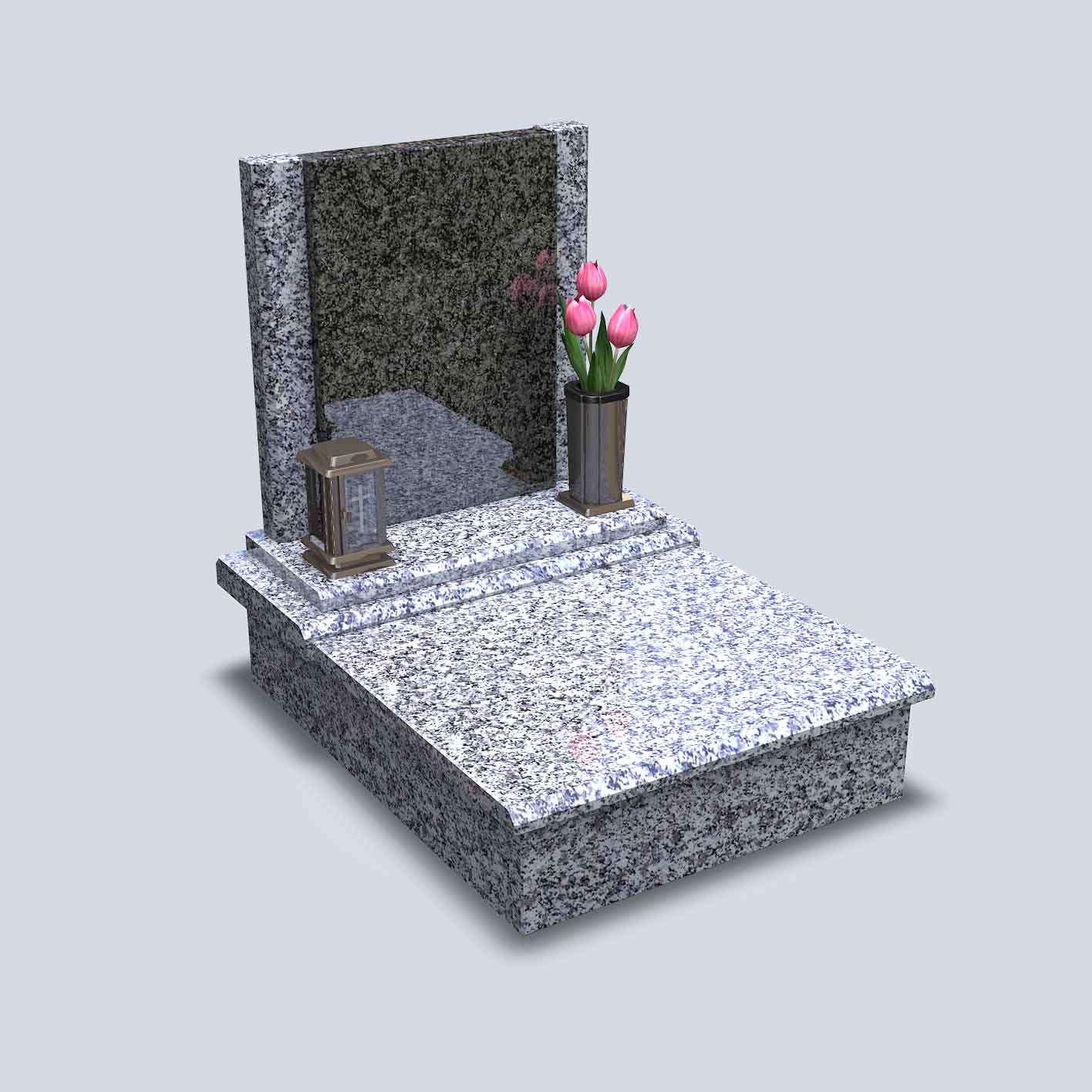 Urnový hrob z bledej žuly s tmavou nápisnou tabuľou a plechovým svietnikom a vázou s ružovými tulipánmi