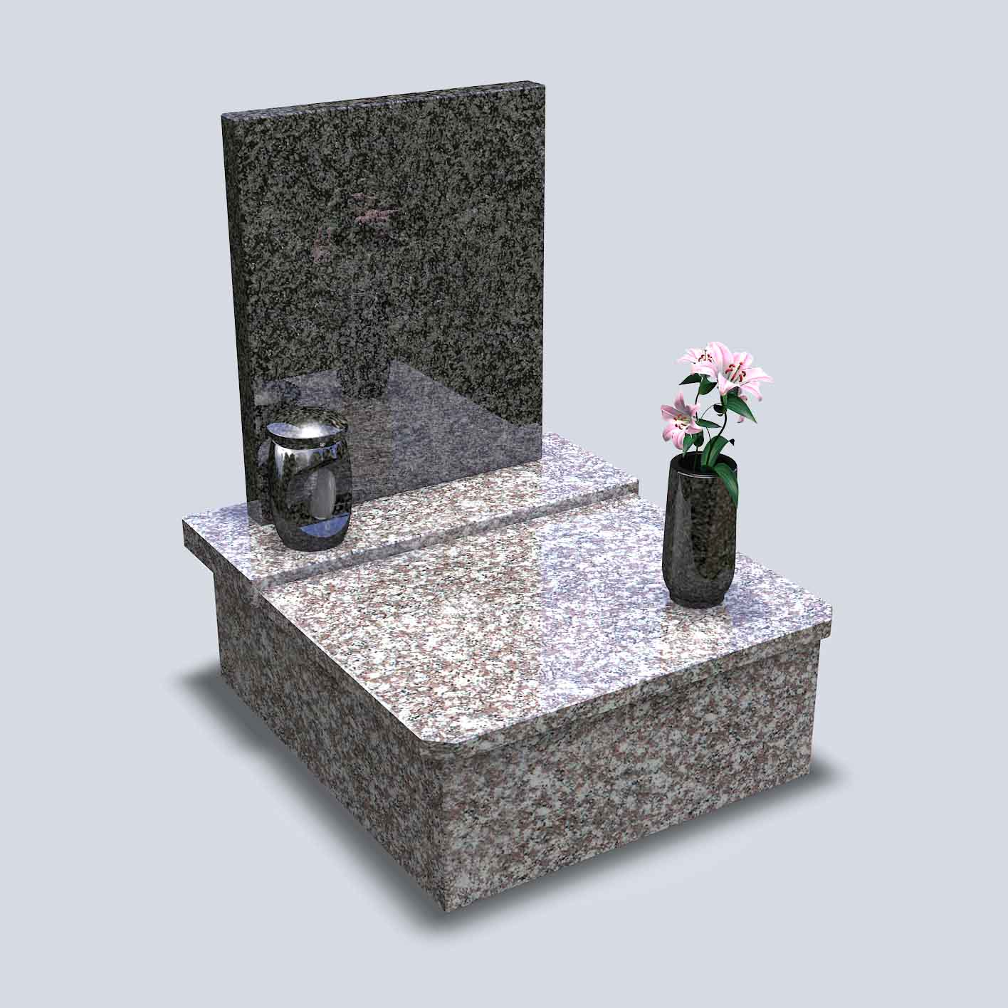 Tmavý urnový pomník zo žuly so žulovými doplnkami váza s kvetmi a svietnik