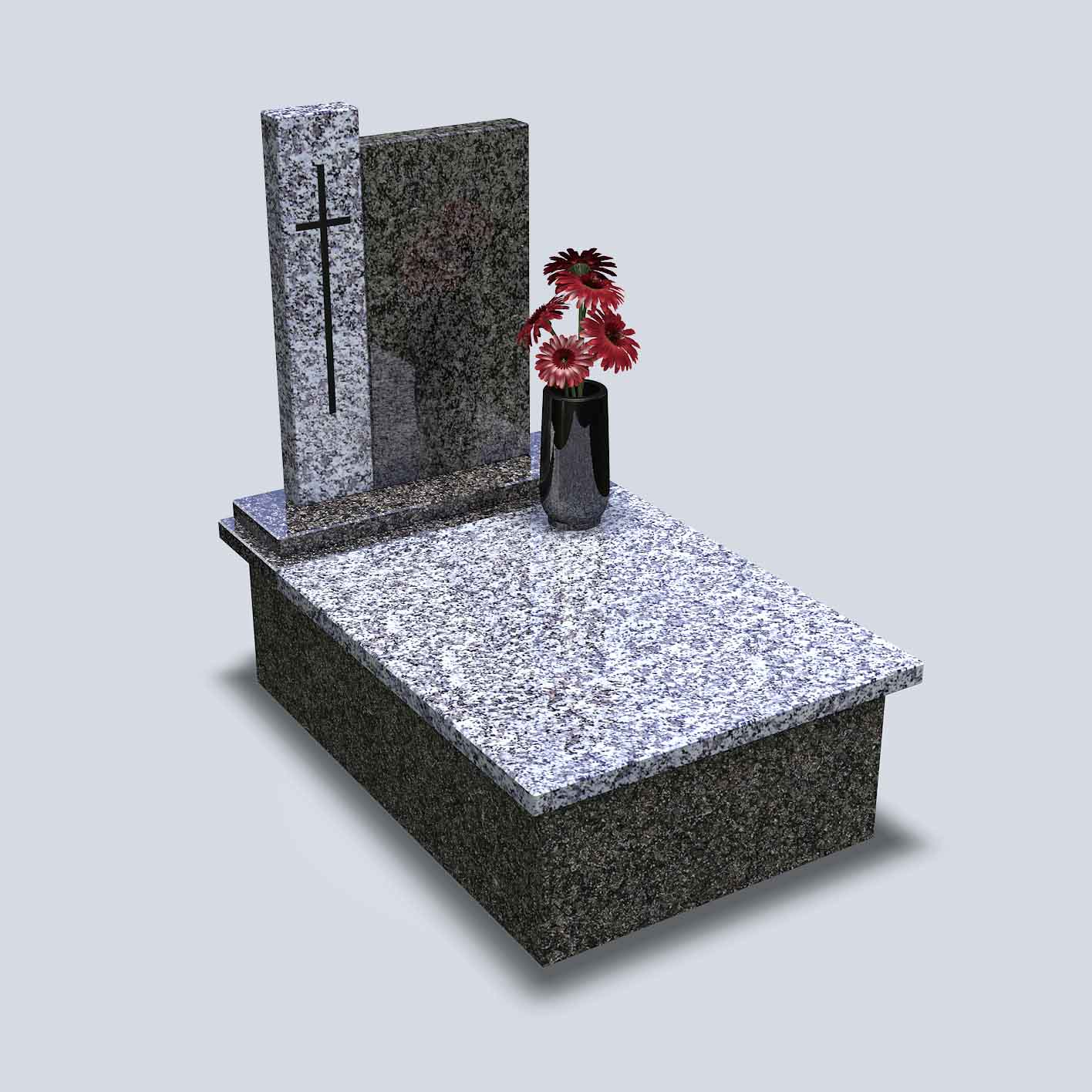 Žulový urnový pomník v tmavobledom vyhotovení s kamennou vázou a kvetmi