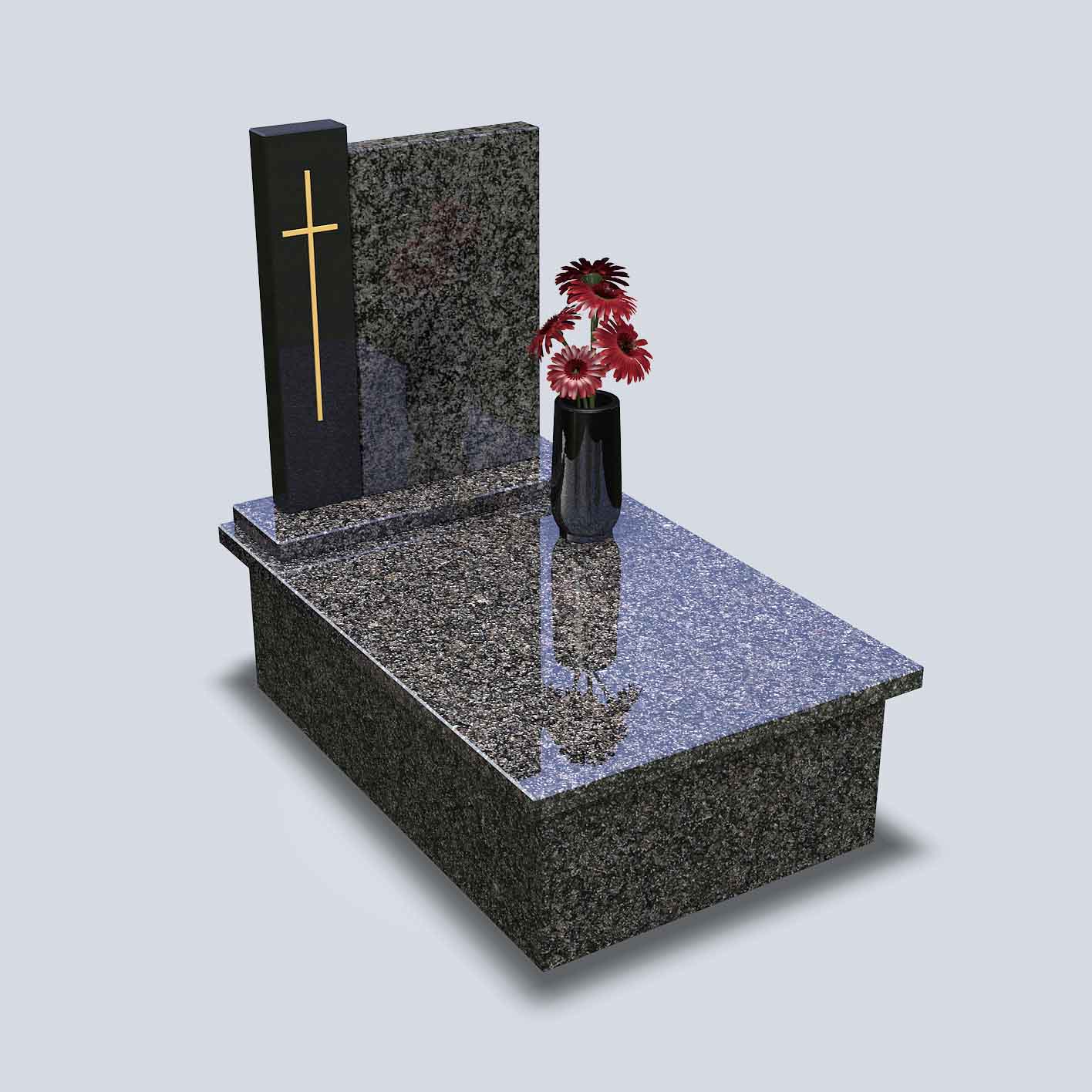 Žulový urnový pomník v tmavom vyhotovení s kamennou vázou a kvetmi a zlatým krížom