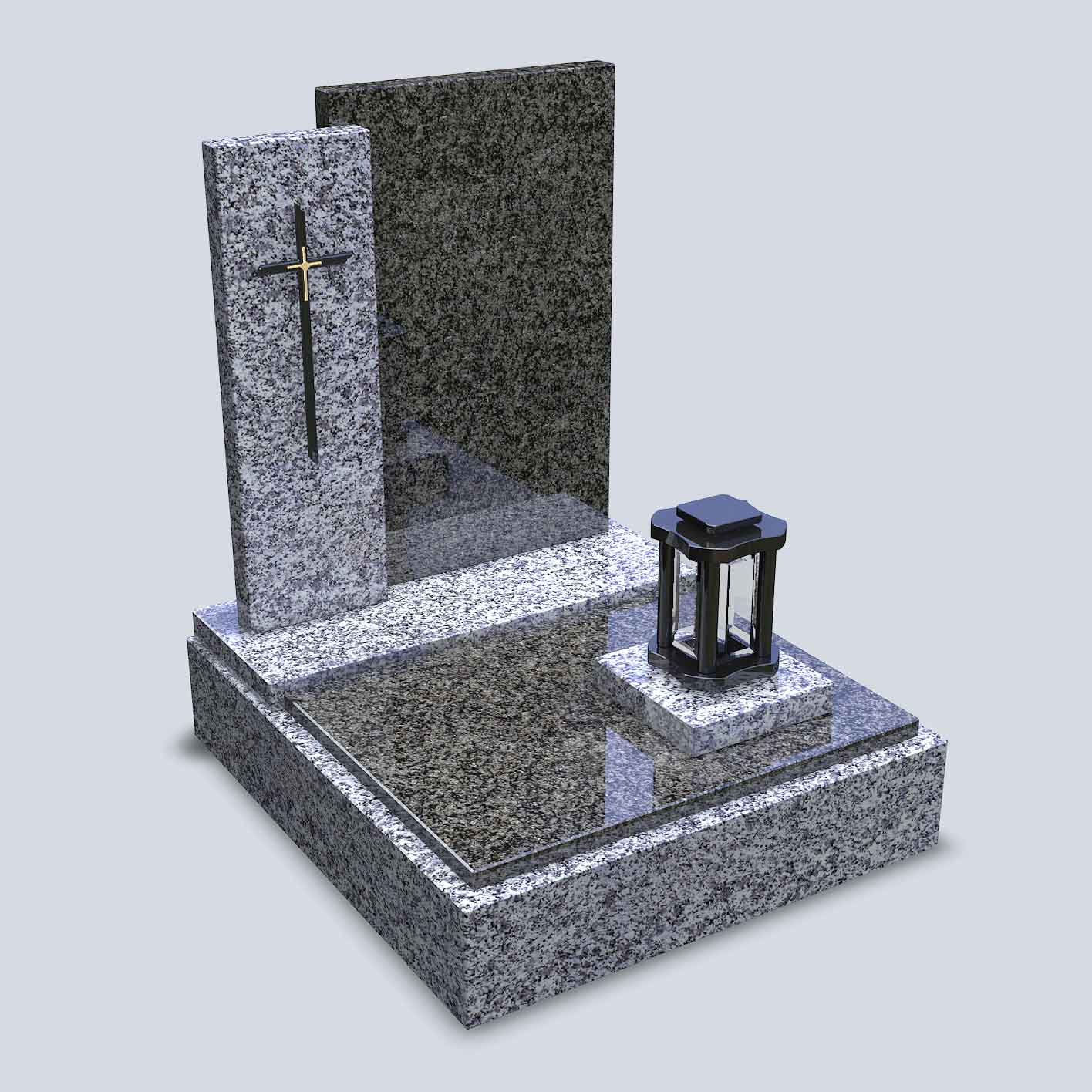Žulový urnový pomník v tmavobledom vyhotovení s kamenným svietnikom a montovaným krížom