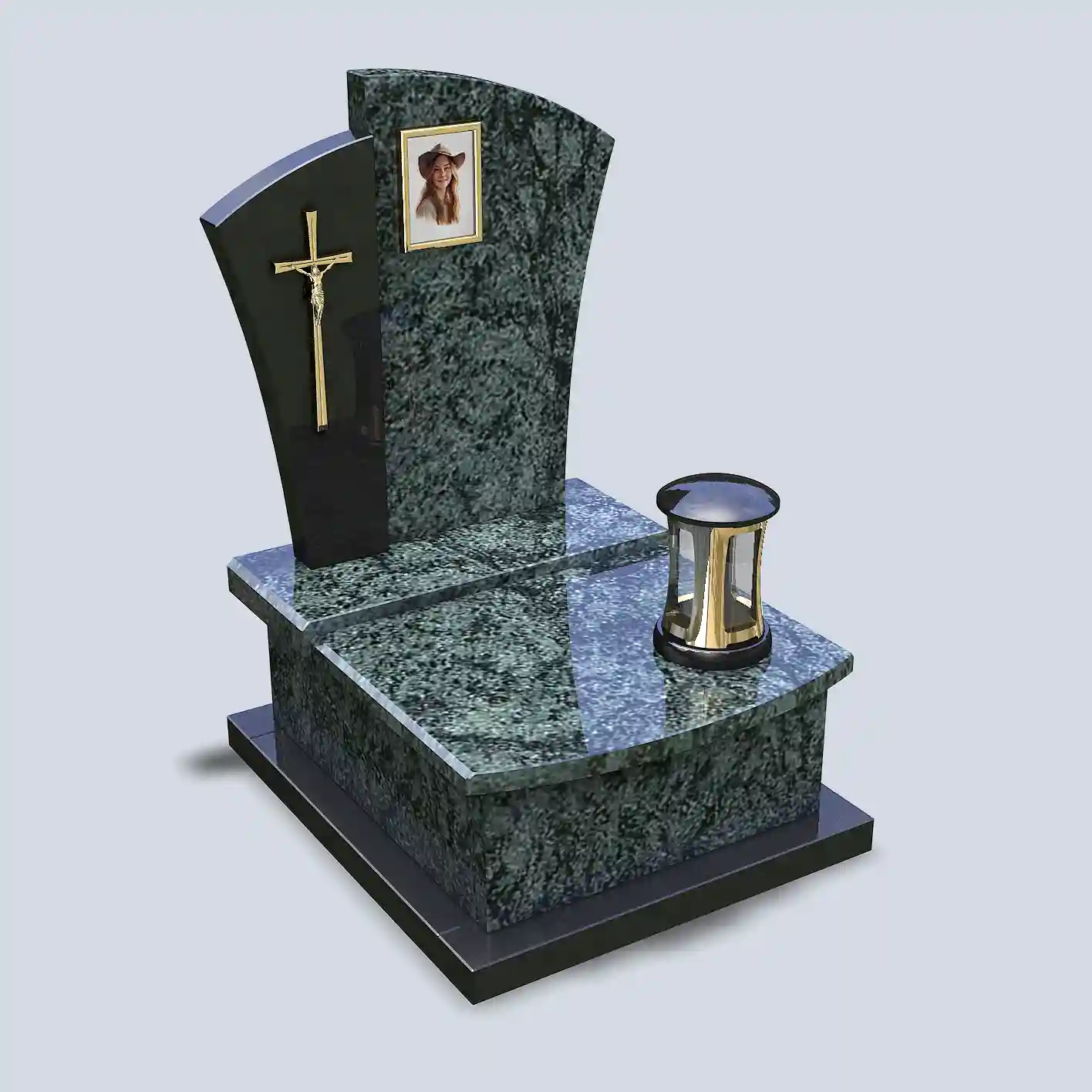 Urnový pomník z tmavozelenej žuly, so zlatým montovaným krížom a svietnikom