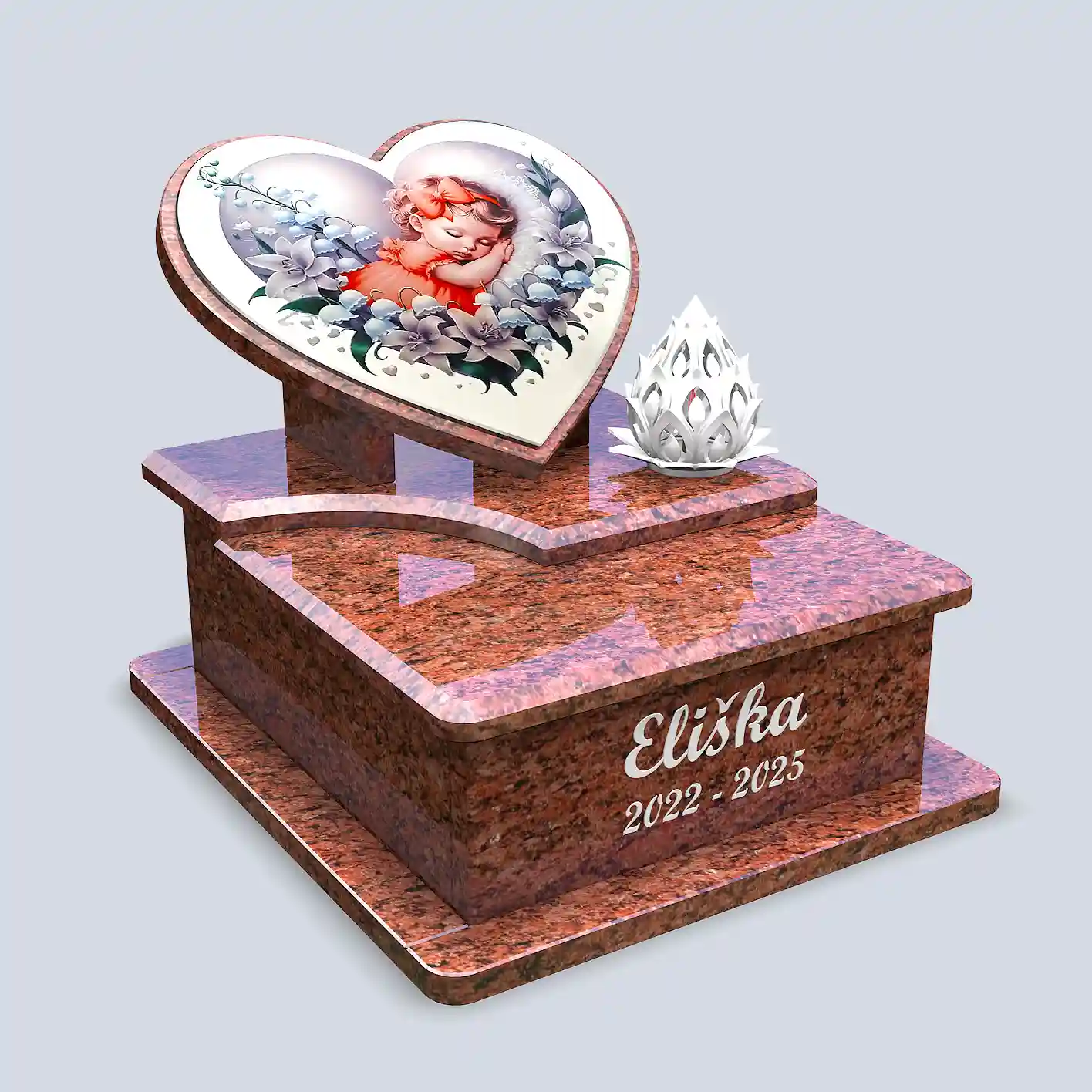 Červený urnový pomník v tvare srdca so skleneným srdiečkom