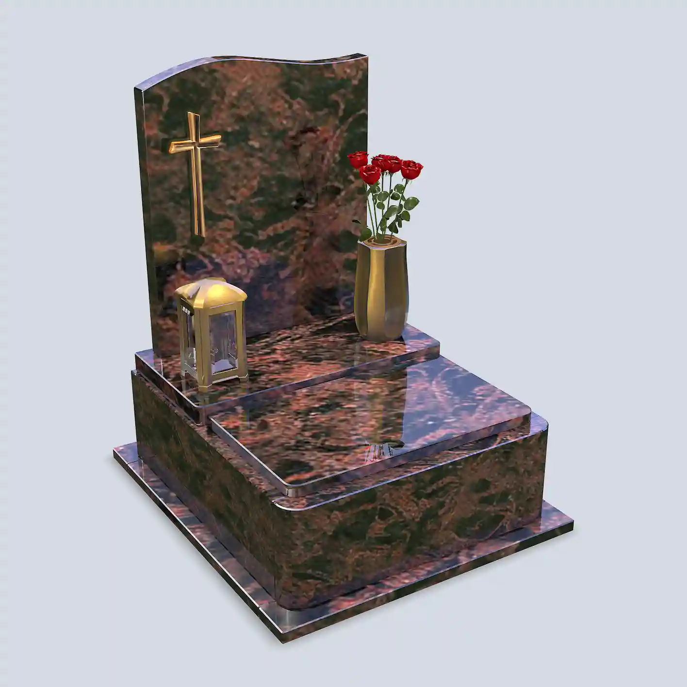 Urnový hrob zo žuly Aurora Indiano s montovaným krížom na nápisnej tabuli a s vázou a kvetmi a svietnikom