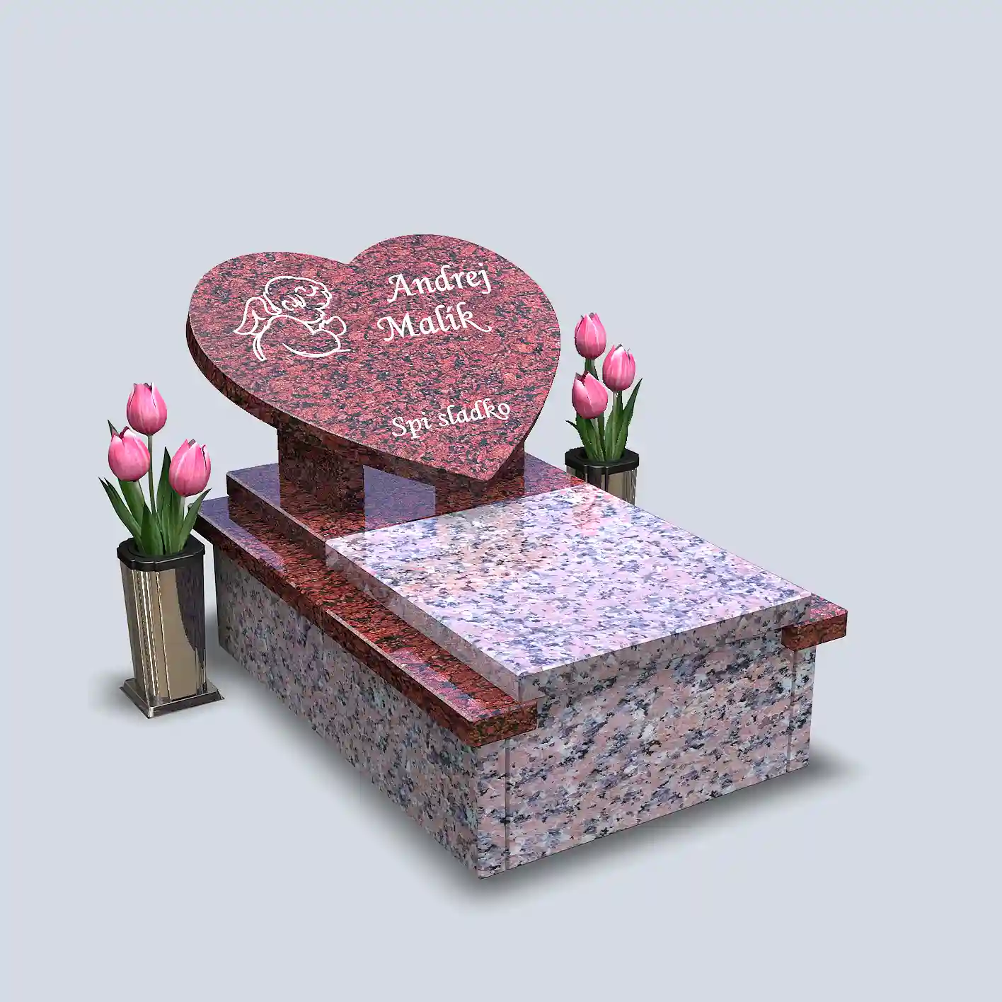 Urnový žulový pomník s nápisnou tabuľou v tvare srdca