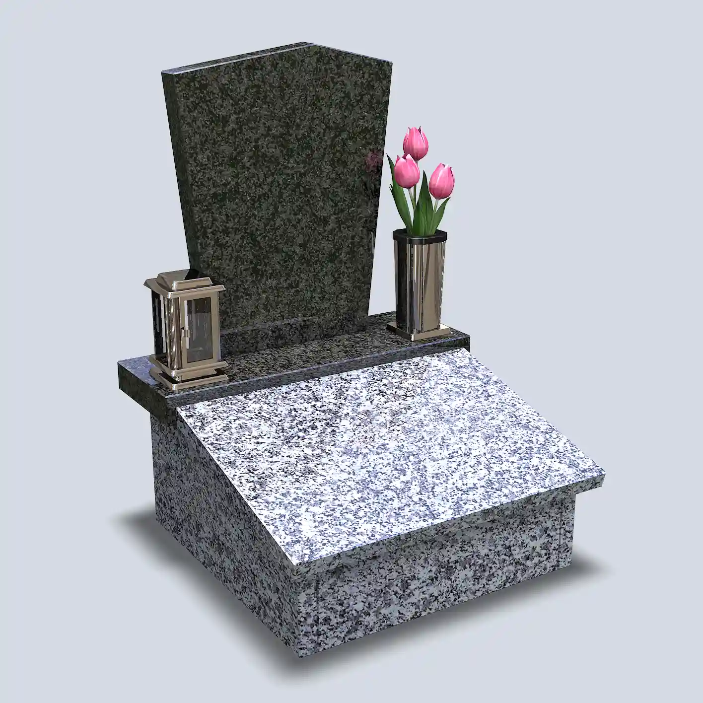 Urnový hrobček so šikmým deklom z bledej žuly, s nápisnou tabuľou z tmavej žuly, strieborné doplnky váza a svietnik