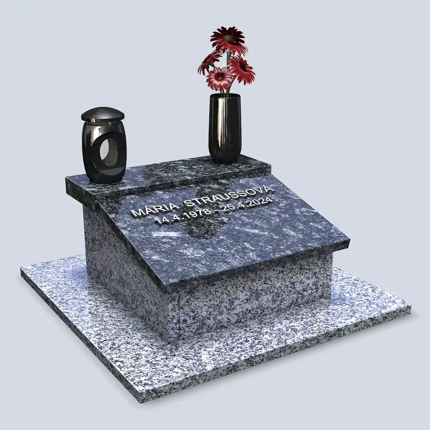 Urnový pomník z bledej a modrej žuly so šikmým deklom a žulovou podlahou s montovaným písmom