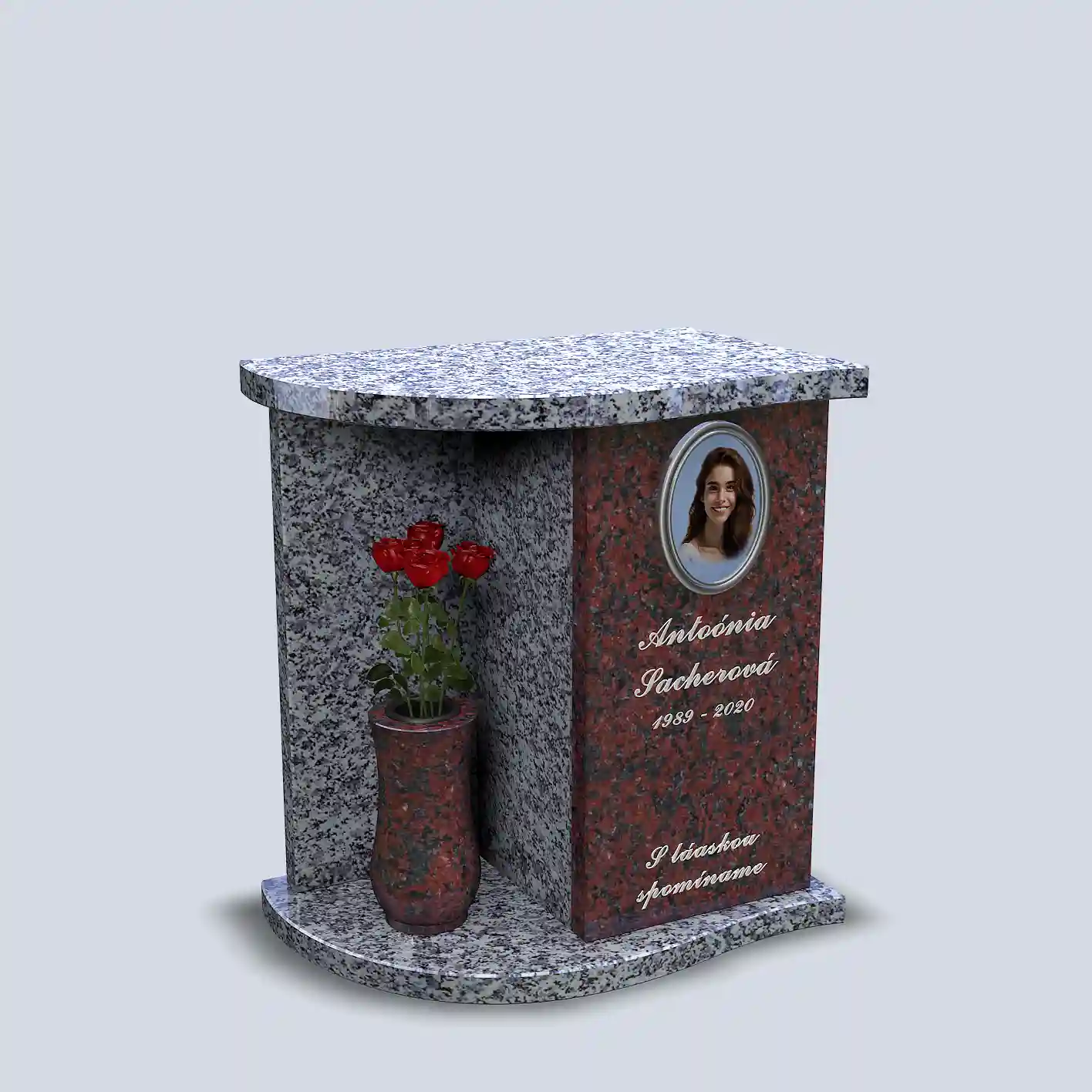 Stáci urnový pomník s vlnkovou podstavou a vrchným deklíkom v bledočervenej žule a so žulovou červenou vázičkou