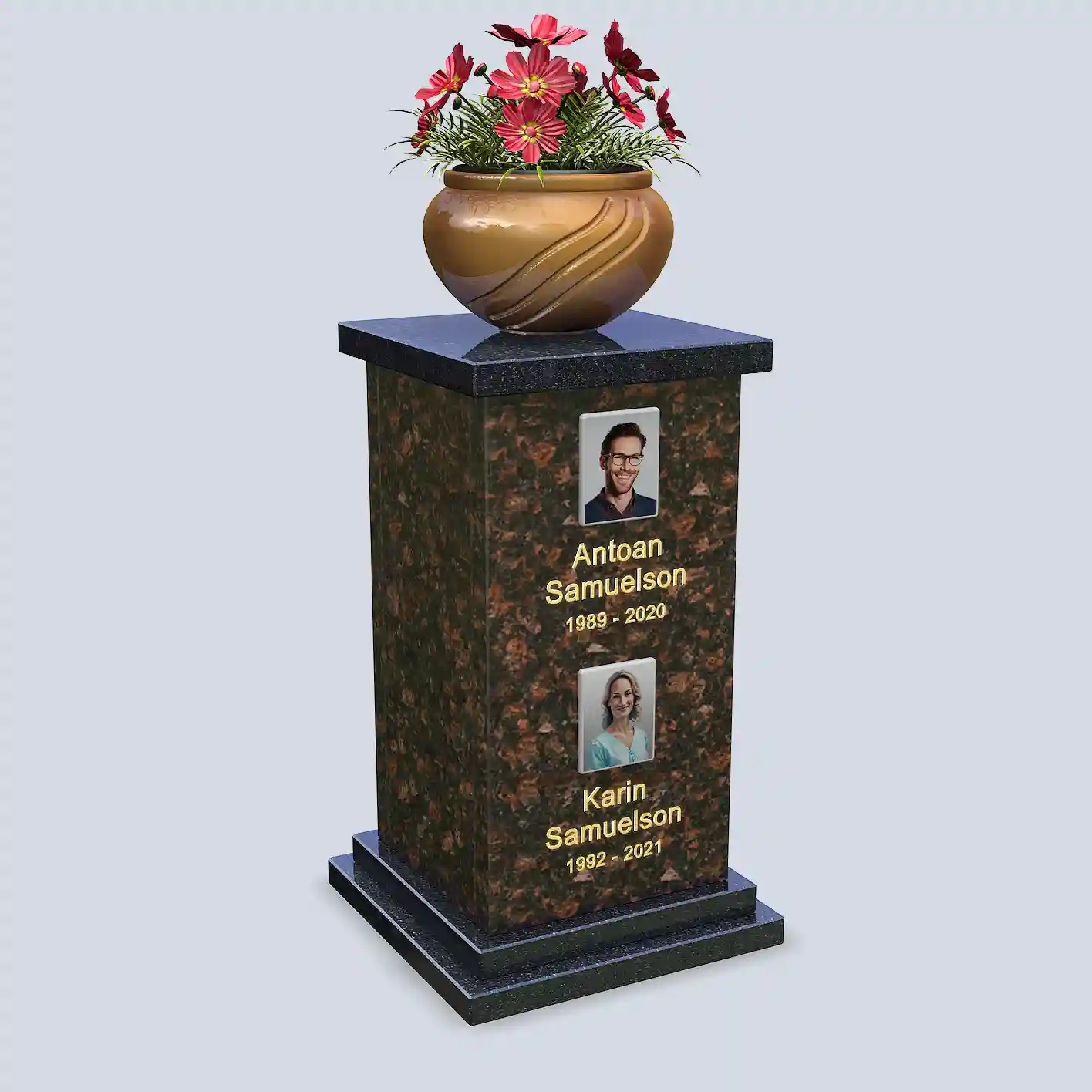 Stáci urnový pomník s vertikálnou nápisnou tabuľou v Tan Brown žulovom vyhotovení na ktorom je miska s kvetmi
