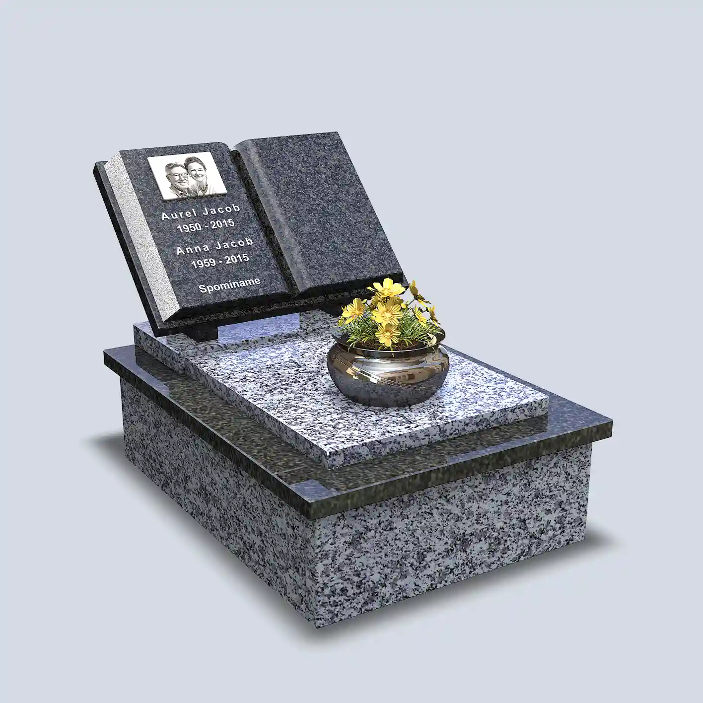 Urnový hrobček s pomníkom v tvare knihy, v bledom žulovom vyhotovení